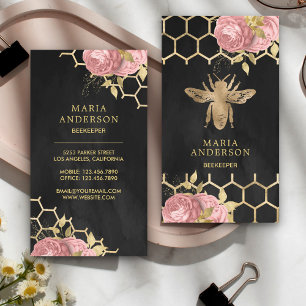 Charcoal Gold Foil Blush Pink Floral Honey Bee Visitekaartje