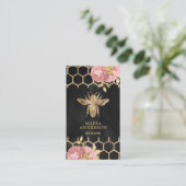 Charcoal Gold Foil Blush Pink Floral Honey Bee Visitekaartje (Staand voorkant)