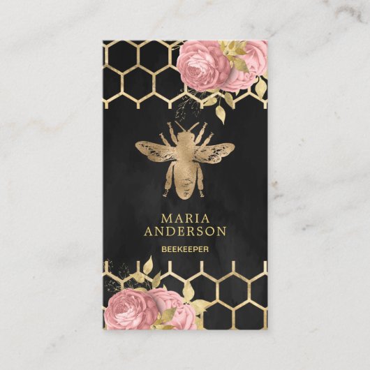 Charcoal Gold Foil Blush Pink Floral Honey Bee Visitekaartje (Voorkant)