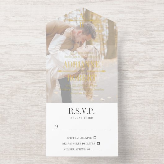 Charcoal & Gold Text Big Photo Monogram Wedding All In One Uitnodiging (Binnenkant)