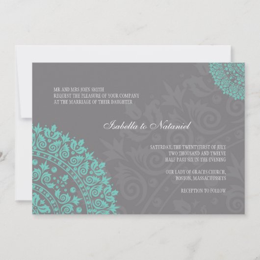 Charcoal Gray and Aqua Damask Wedding Invitation Kaart (Voorkant)