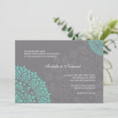 Charcoal Gray and Aqua Damask Wedding Invitation Kaart (Staand voorkant)