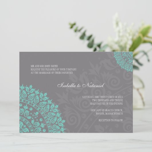 Charcoal Gray and Aqua Damask Wedding Invitation Kaart (Staand voorkant)