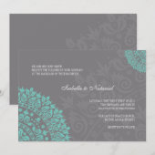 Charcoal Gray and Aqua Damask Wedding Invitation Kaart (Voorkant / Achterkant)