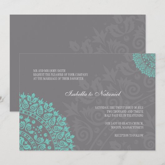 Charcoal Gray and Aqua Damask Wedding Invitation Kaart (Voorkant / Achterkant)