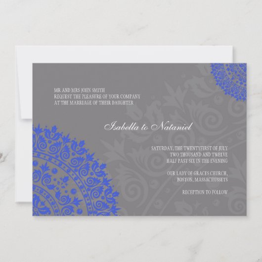 Charcoal Gray and Blue Damask Wedding Invitation Kaart (Voorkant)