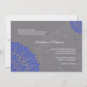 Charcoal Gray and Blue Damask Wedding Invitation Kaart