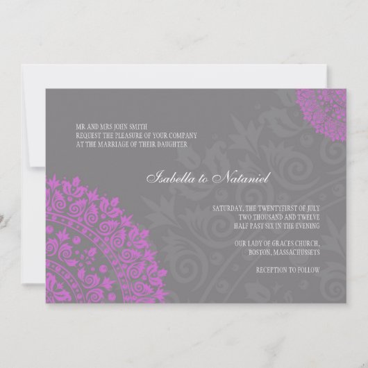 Charcoal Gray and Paars Damask Wedding Invitation Kaart (Voorkant)