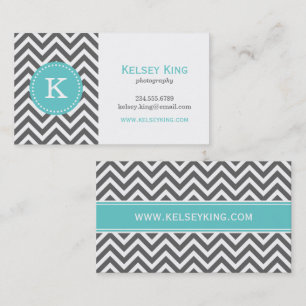 Charcoal Gray and Turquoise Chevron Monogram Visitekaartje
