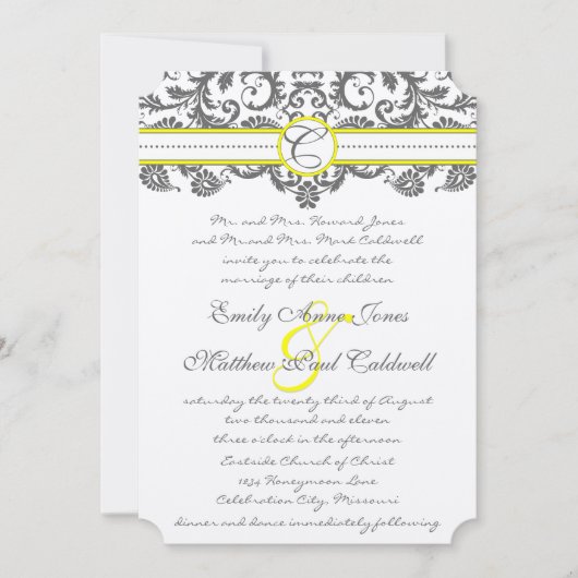 Charcoal Gray and Yellow Wedding Invitations Kaart (Voorkant)