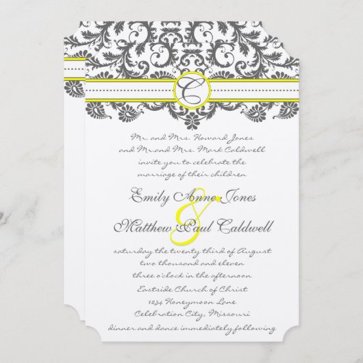 Charcoal Gray and Yellow Wedding Invitations Kaart (Voorkant / Achterkant)