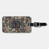 Charcoal Gray Boho Watercolor Wildflowers Monogram Bagagelabel (Voorkant horizontaal)