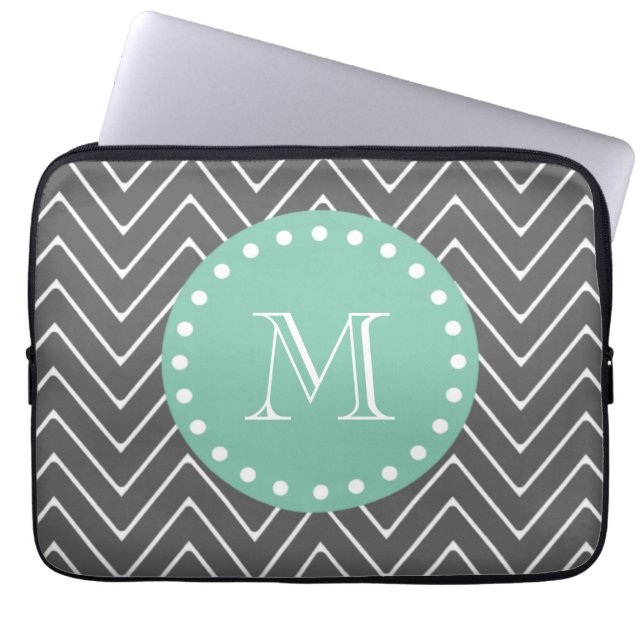 Charcoal Gray Chevron Pattern | Mint Green Monogra Laptop Sleeve (Voorkant)