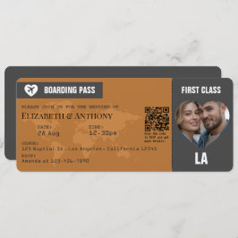 Charcoal Gray & Copper Boarding Pass Wedding Kaart