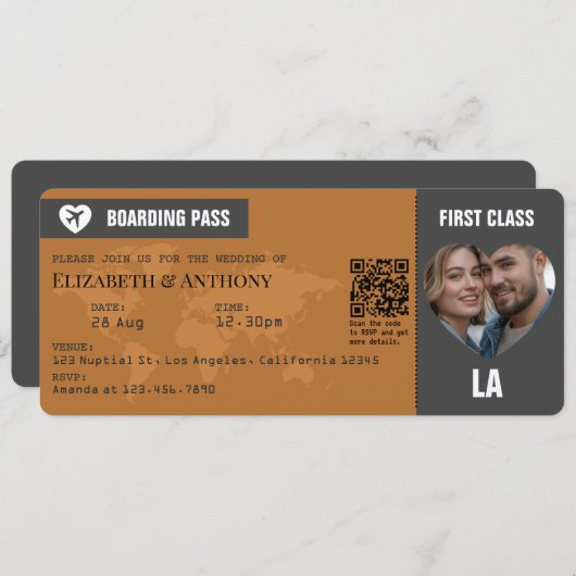 Charcoal Gray & Copper Boarding Pass Wedding Kaart (Voorkant / Achterkant)