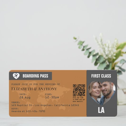 Charcoal Gray & Copper Boarding Pass Wedding Kaart (Staand voorkant)