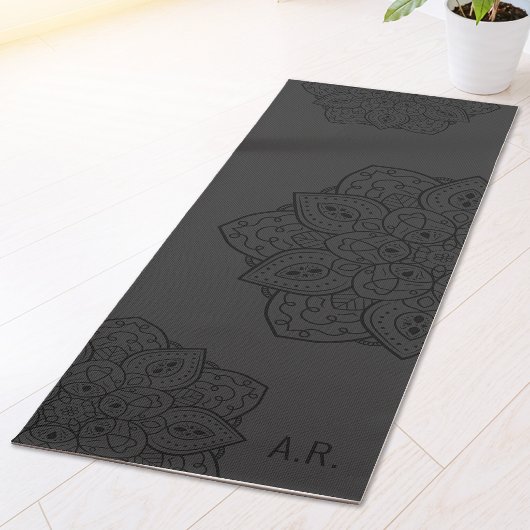 Charcoal Gray Decorative Mandala With Initials Yogamat
