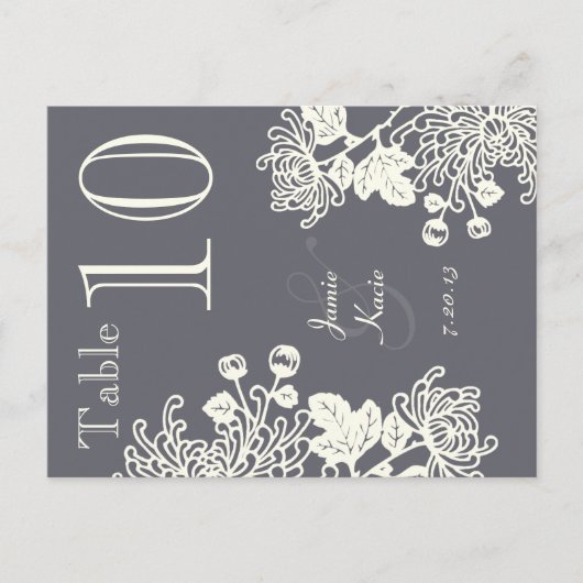 Charcoal Gray Floral Wedding Table Number Briefkaart (Voorkant)