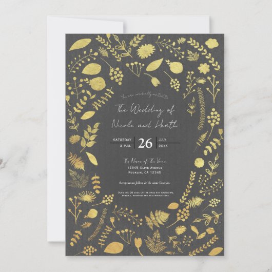 Charcoal Gray & Gold Floral Wedding Invitations Kaart (Voorkant)