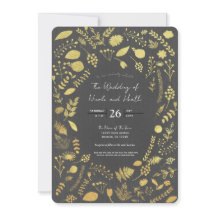 Charcoal Gray & Gold Floral Wedding Invitations