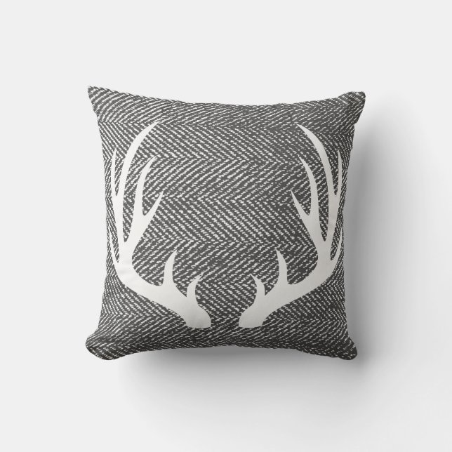 Charcoal Gray Herringbone & White Deer Antlers Kussen (Voorkant)