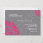 Charcoal Gray & Hot Pink Damask Wedding Invitation Kaart (Voorkant)