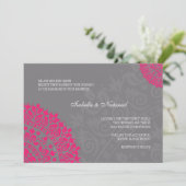 Charcoal Gray & Hot Pink Damask Wedding Invitation Kaart (Staand voorkant)