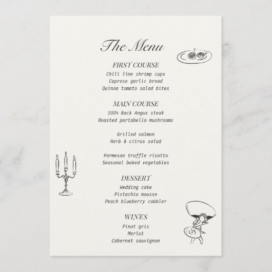 Charcoal Gray Illustrated Wedding Menu (Voorkant)