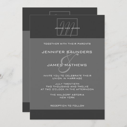 Charcoal Gray Monogram Names Wedding Invitation Kaart (Voorkant / Achterkant)