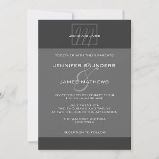 Charcoal Gray Monogram Names Wedding Invitation Kaart