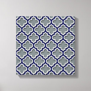 Charcoal Gray Navy White Moroccan Quatrefoil #5DS Canvas Afdruk