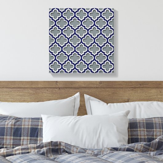 Charcoal Gray Navy White Moroccan Quatrefoil #5DS Canvas Afdruk (Insitu (Slaapkamer))