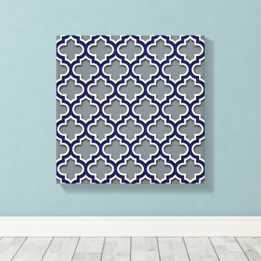Charcoal Gray Navy White Moroccan Quatrefoil #5DS Canvas Afdruk (Insitu (Houten vloer))