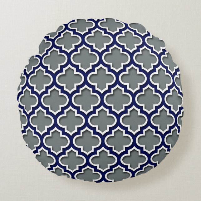 Charcoal Gray Navy White Moroccan Quatrefoil #5DS Rond Kussen (Voorkant)