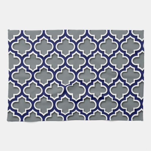 Charcoal Gray Navy White Moroccan Quatrefoil #5DS Theedoek (Horizontaal)