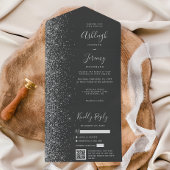 Charcoal Gray Silver Glitter QR Code Wedding All In One Uitnodiging