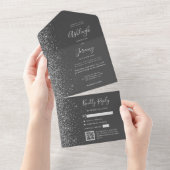 Charcoal Gray Silver Glitter QR Code Wedding All In One Uitnodiging (Afscheurbaar)