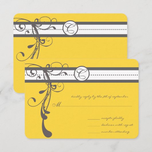 Charcoal Gray Swirls Bight Yellow Weddenschap RSVP Kaartje (Voorkant / Achterkant)