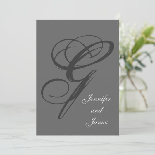 Charcoal Gray Wedding Invitation | Fancy Initiaal Kaart (Staand voorkant)