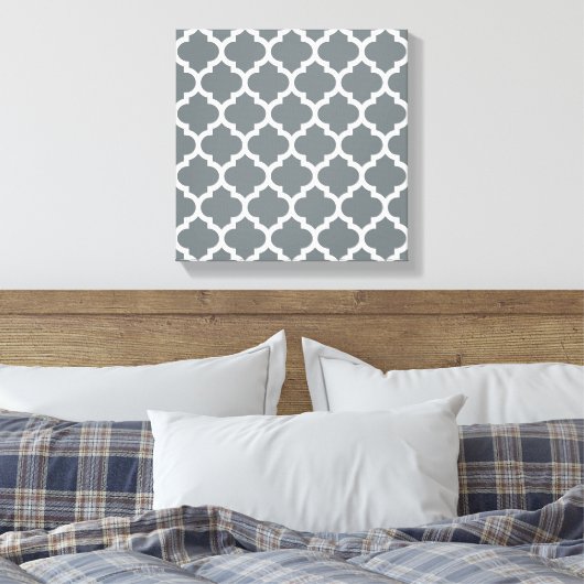 Charcoal Gray White Moroccan Quatrefoil Pattern #5 Canvas Afdruk (Insitu (Slaapkamer))