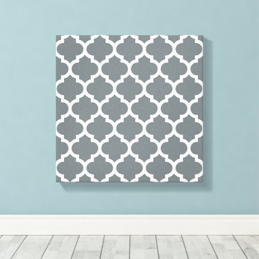 Charcoal Gray White Moroccan Quatrefoil Pattern #5 Canvas Afdruk (Insitu (Houten vloer))