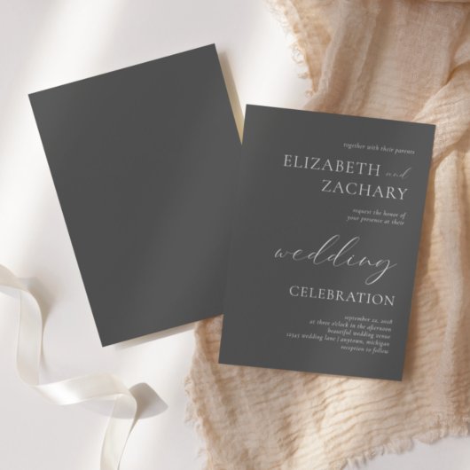 Charcoal Gray White Script Wedding Celebration Kaart