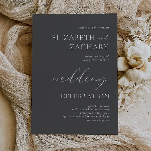 Charcoal Gray White Script Wedding Celebration Kaart