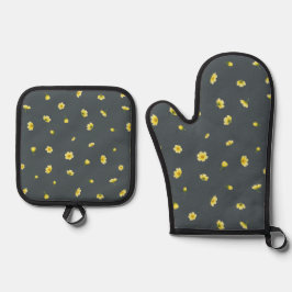 Charcoal Gray Winter Cosmos Floral Pattern Ovenwant & Pannenlap Set