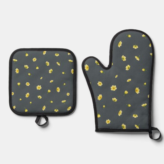 Charcoal Gray Winter Cosmos Floral Pattern Ovenwant & Pannenlap Set (Voorkant)