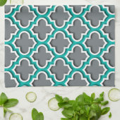 Charcoal Grey Blauwgroen White Moroccan Quatrefoil Theedoek (Gevouwen)