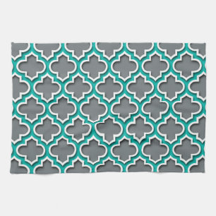 Charcoal Grey Blauwgroen White Moroccan Quatrefoil Theedoek