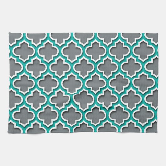 Charcoal Grey Blauwgroen White Moroccan Quatrefoil Theedoek (Horizontaal)