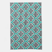Charcoal Grey Blauwgroen White Moroccan Quatrefoil Theedoek (Verticaal)