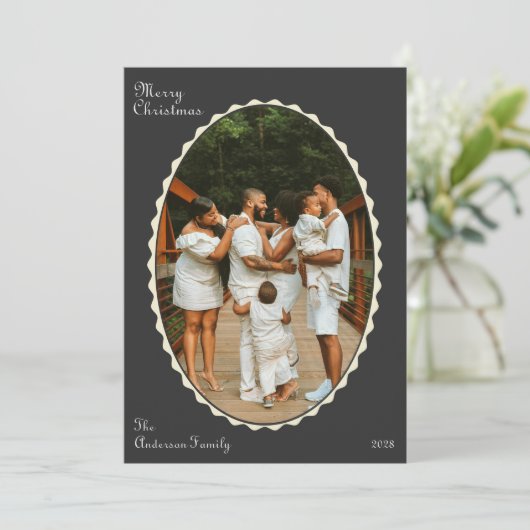 Charcoal Grey Foto geschulpte kerstfoto Feestdagenkaart (Staand voorkant)